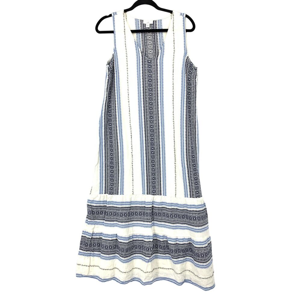 J. Jill A-Line Midi Dress Womens Size Medium Sleeveless Cream Blue Embroidered